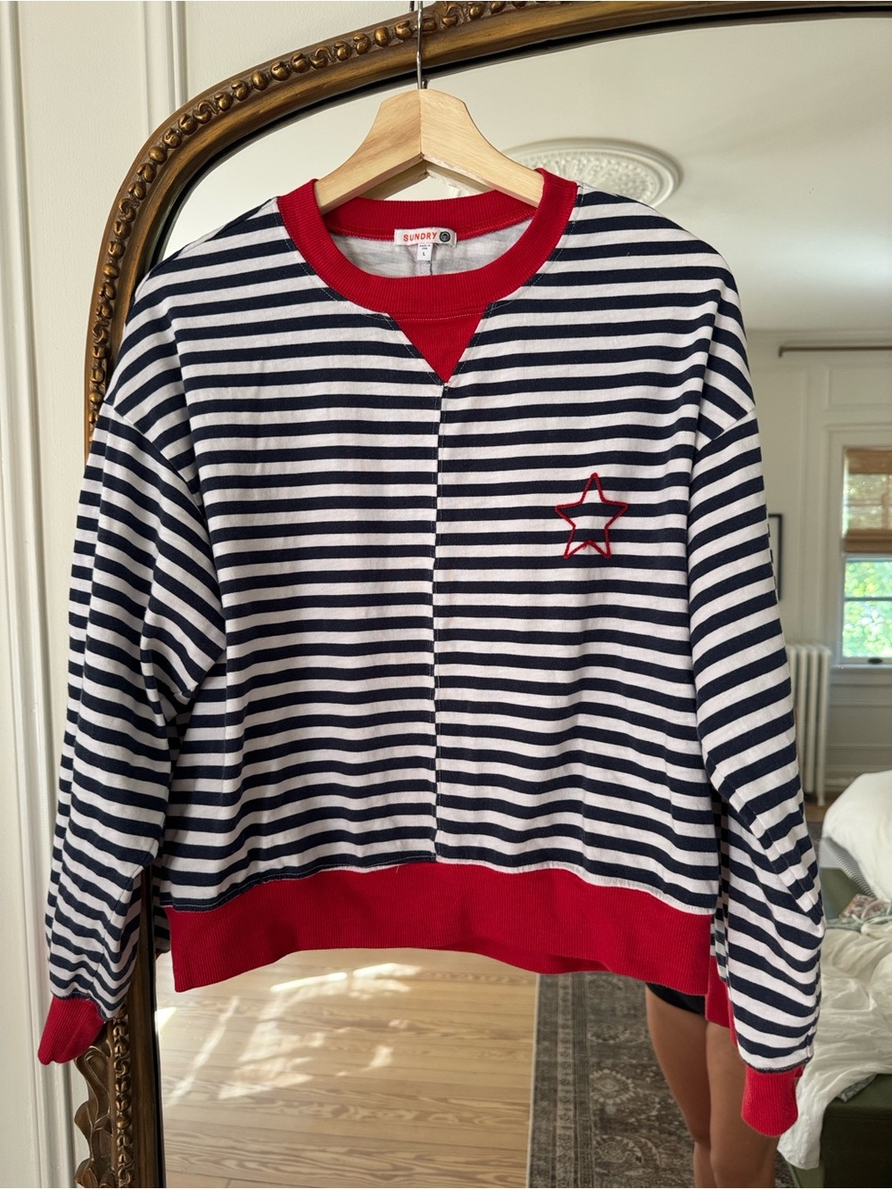 Sundry Navy and White Striped Crewneck Sweater with Red Accents